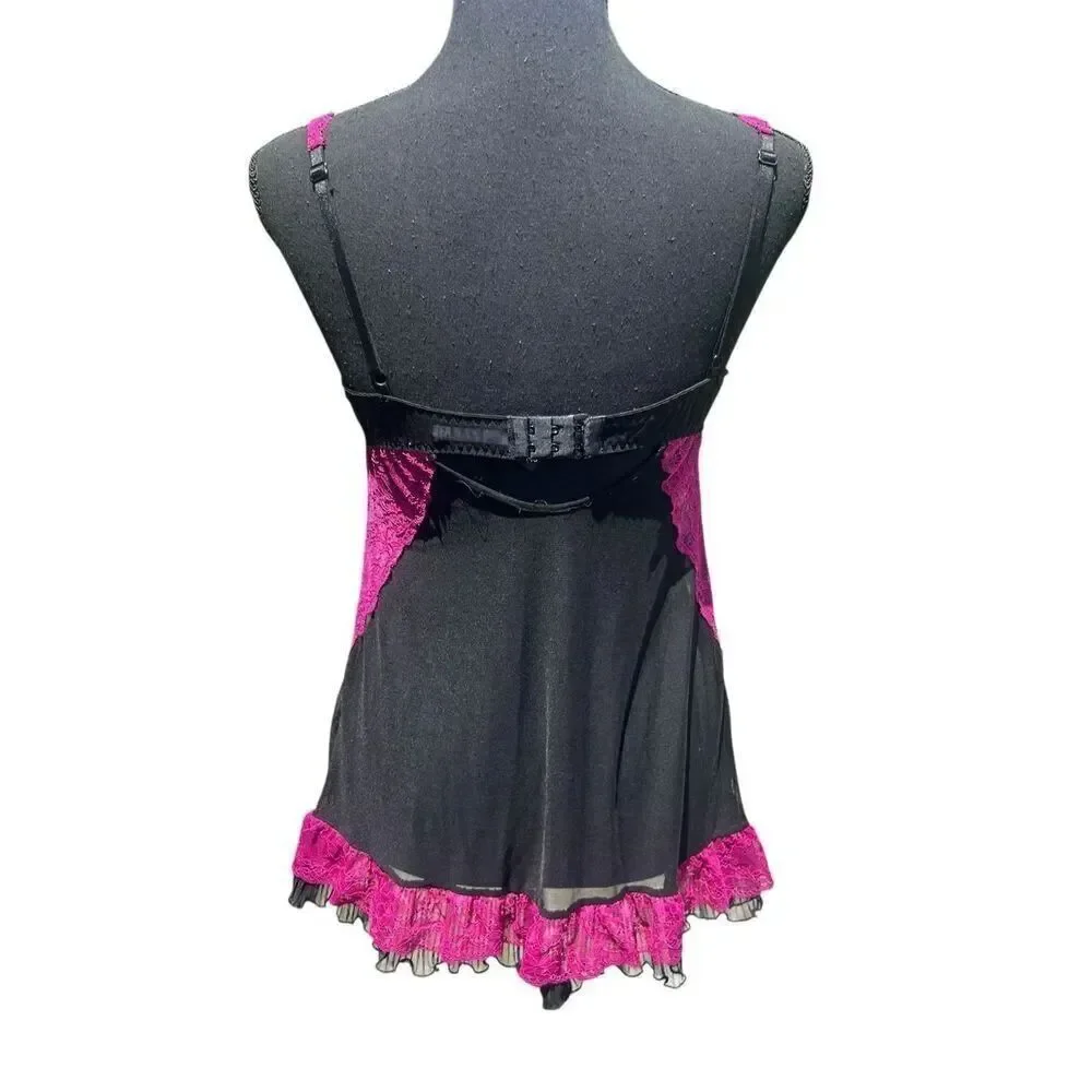 Fredericks of Hollywood Medium Hot Pink Black Lace Camisole dress lingerie